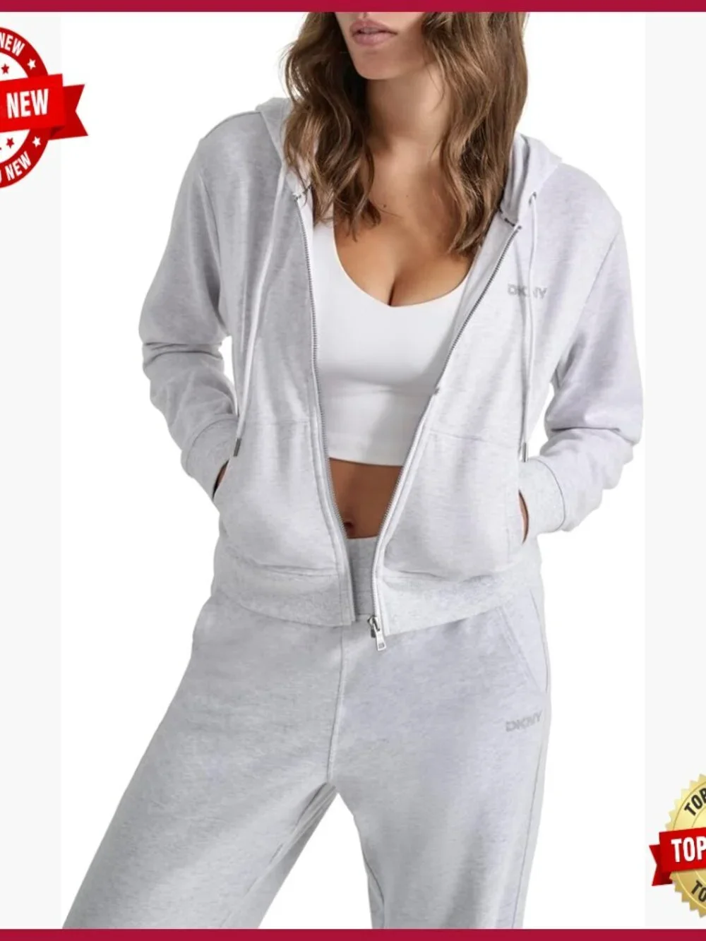 Cropped Fleece Hoodie with Studded Logo and Full Zip Front - Picture 1 of 4